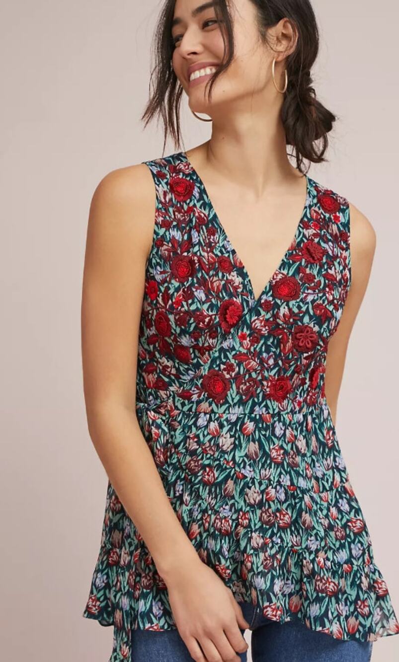 RANNA GILL anthropologie green embroidered floral sleeveless Posie wrap top